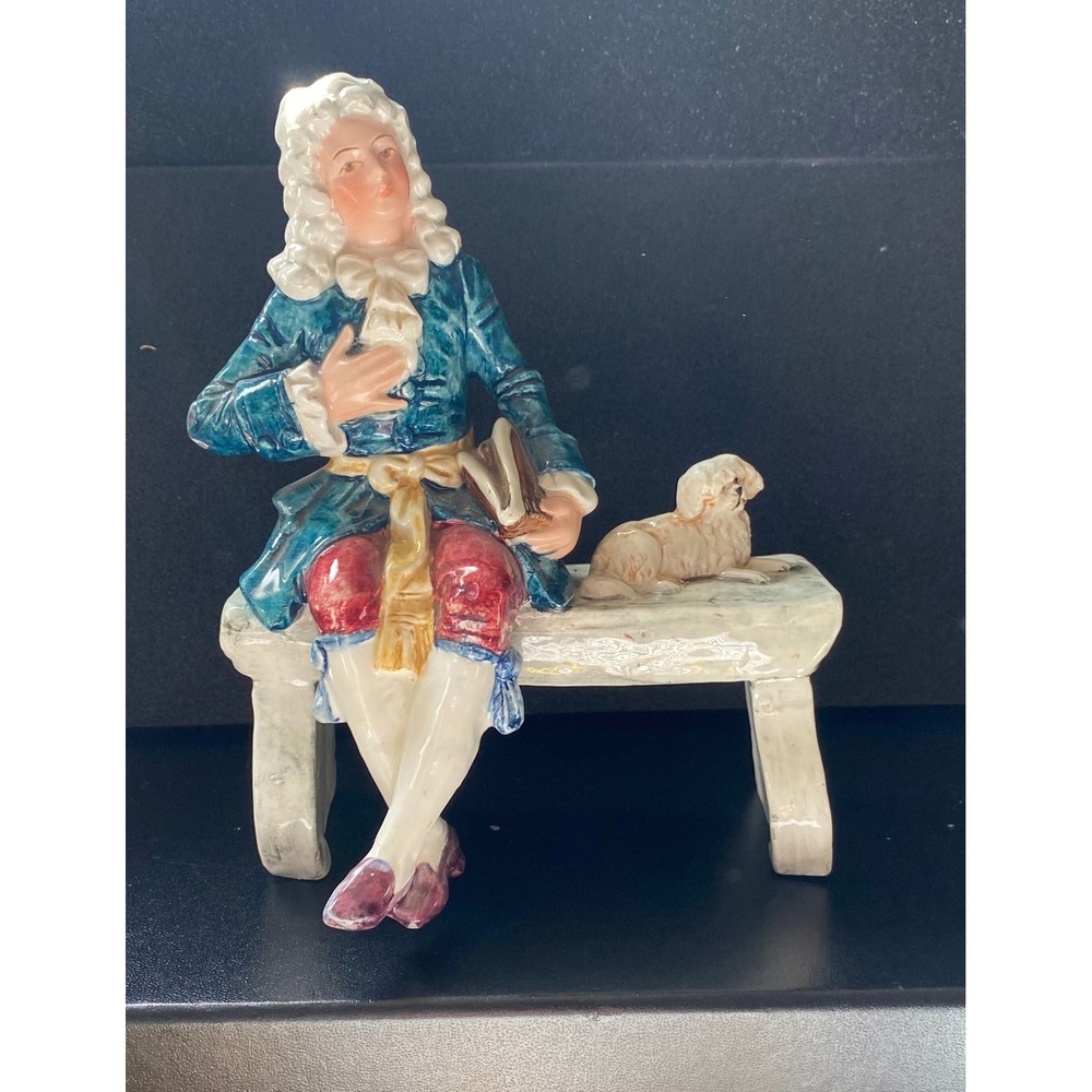 Antique‎ German Majolica Figurine Colonial man & Spaniel Dog Sitting on Bench